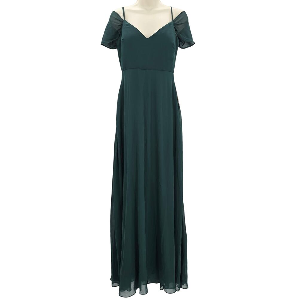 Birdy Grey Womans size S Devin Chiffon Formal Maxi Dress Gown Slit Emerald NEW